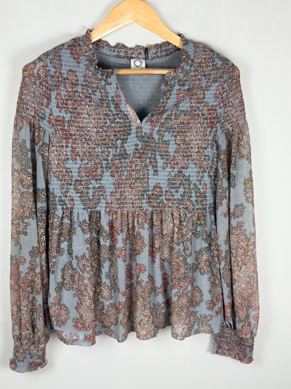 Akemi + Kin Blouse Womens Small Paisley Smocked Boho Sheer Sleeve Peasant Top